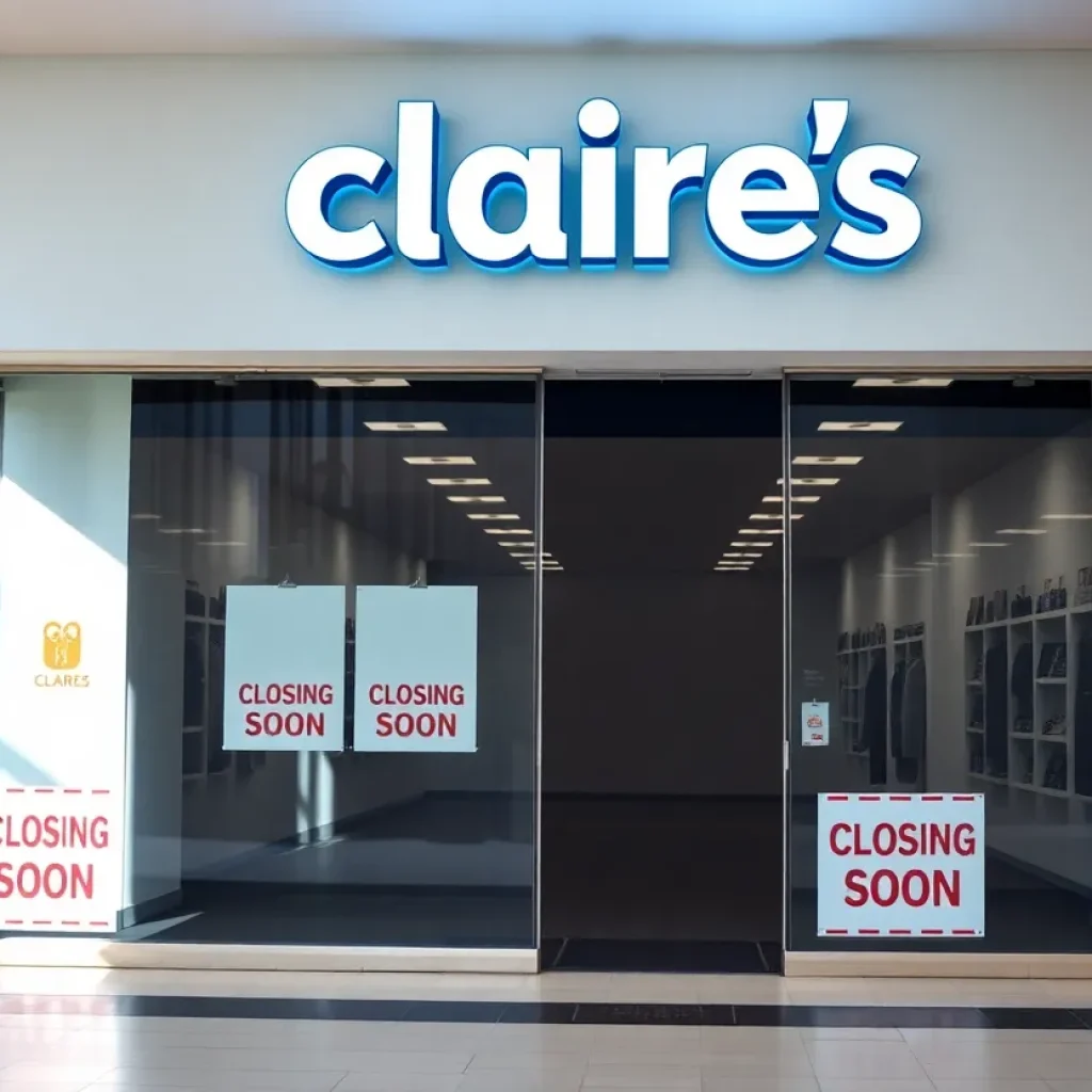 Closed Claire's store with 'Closing Soon' signs
