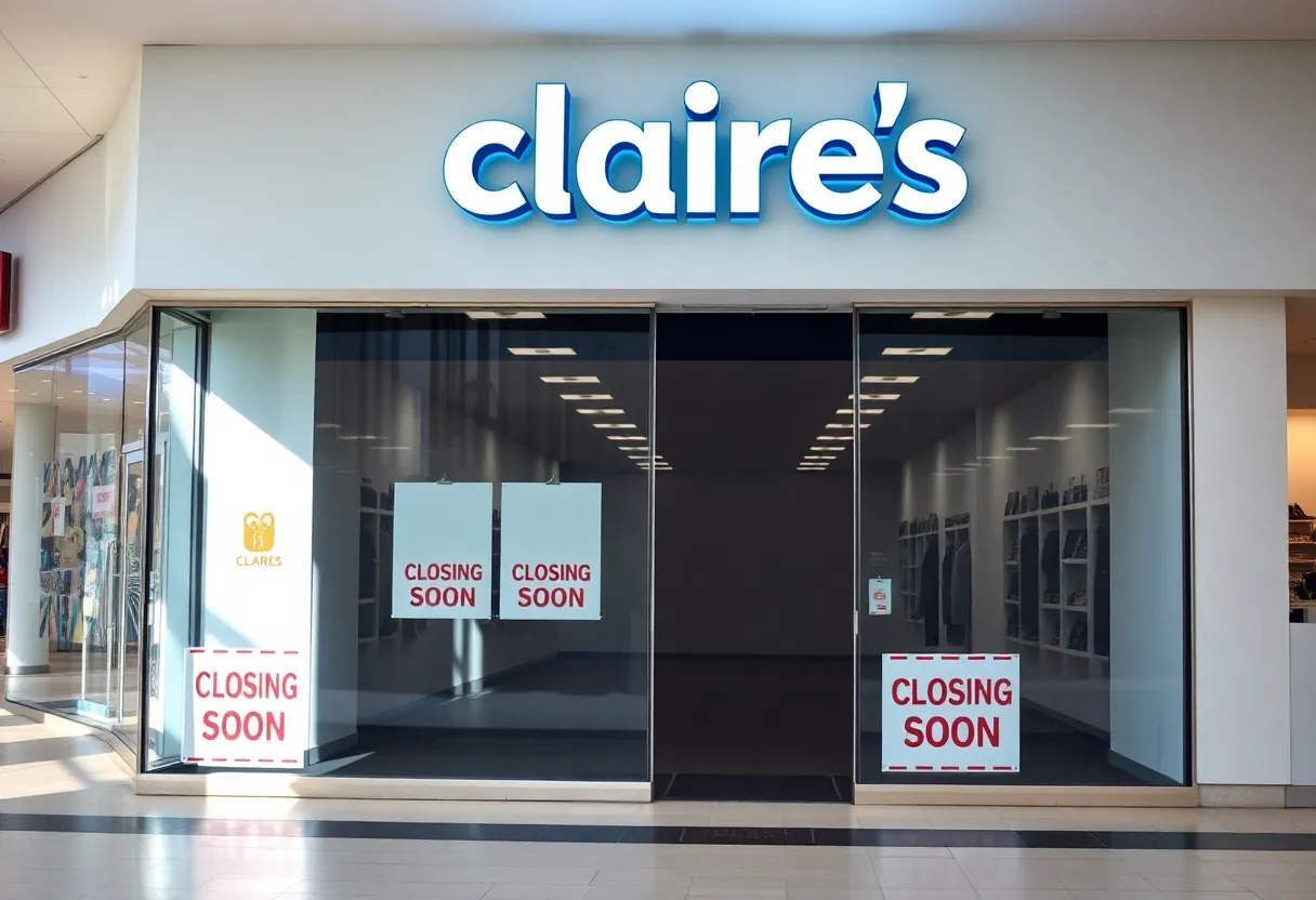 Closed Claire's store with 'Closing Soon' signs