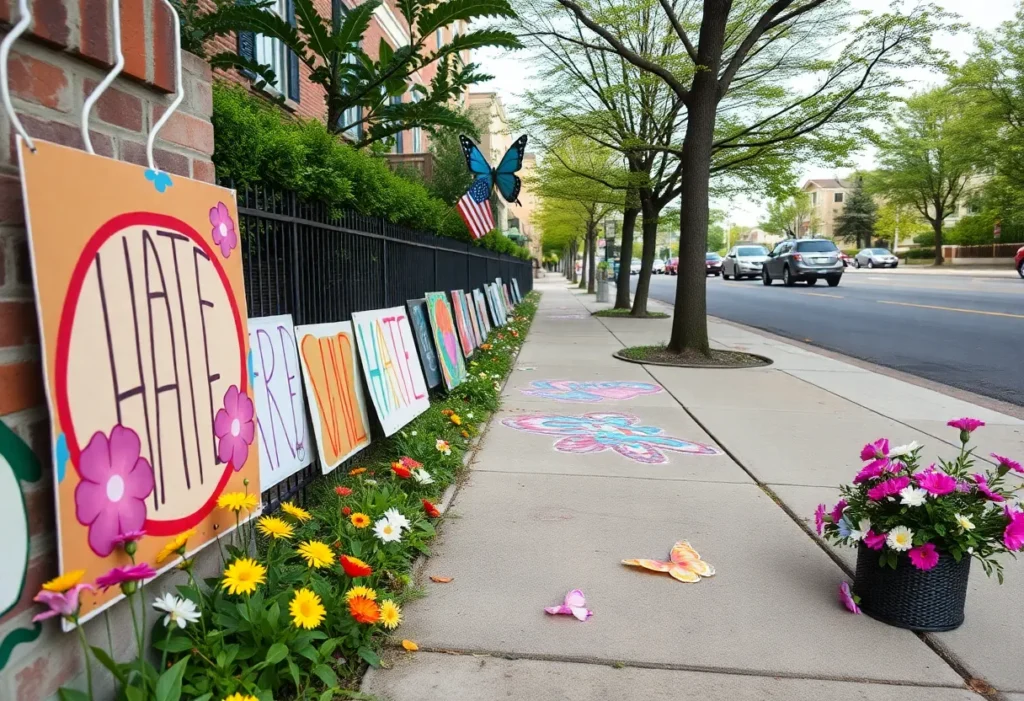 Creative community art projects transforming swastikas into flowers and butterflies
