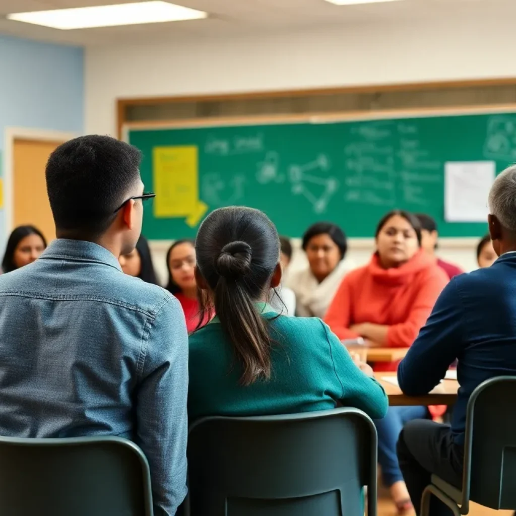 Parents and school board members engaging in a discussion at a community meeting