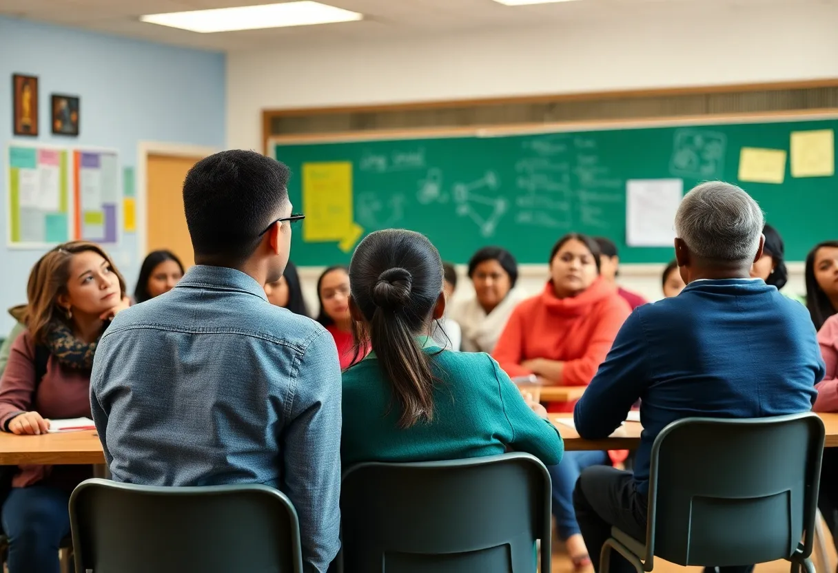 Parents and school board members engaging in a discussion at a community meeting