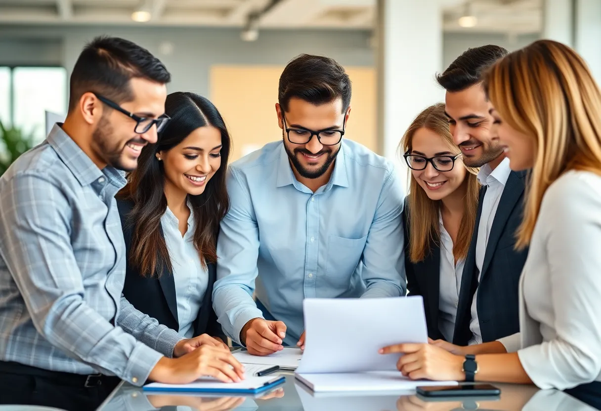 A diverse team of accounting professionals collaborating in an office setting.