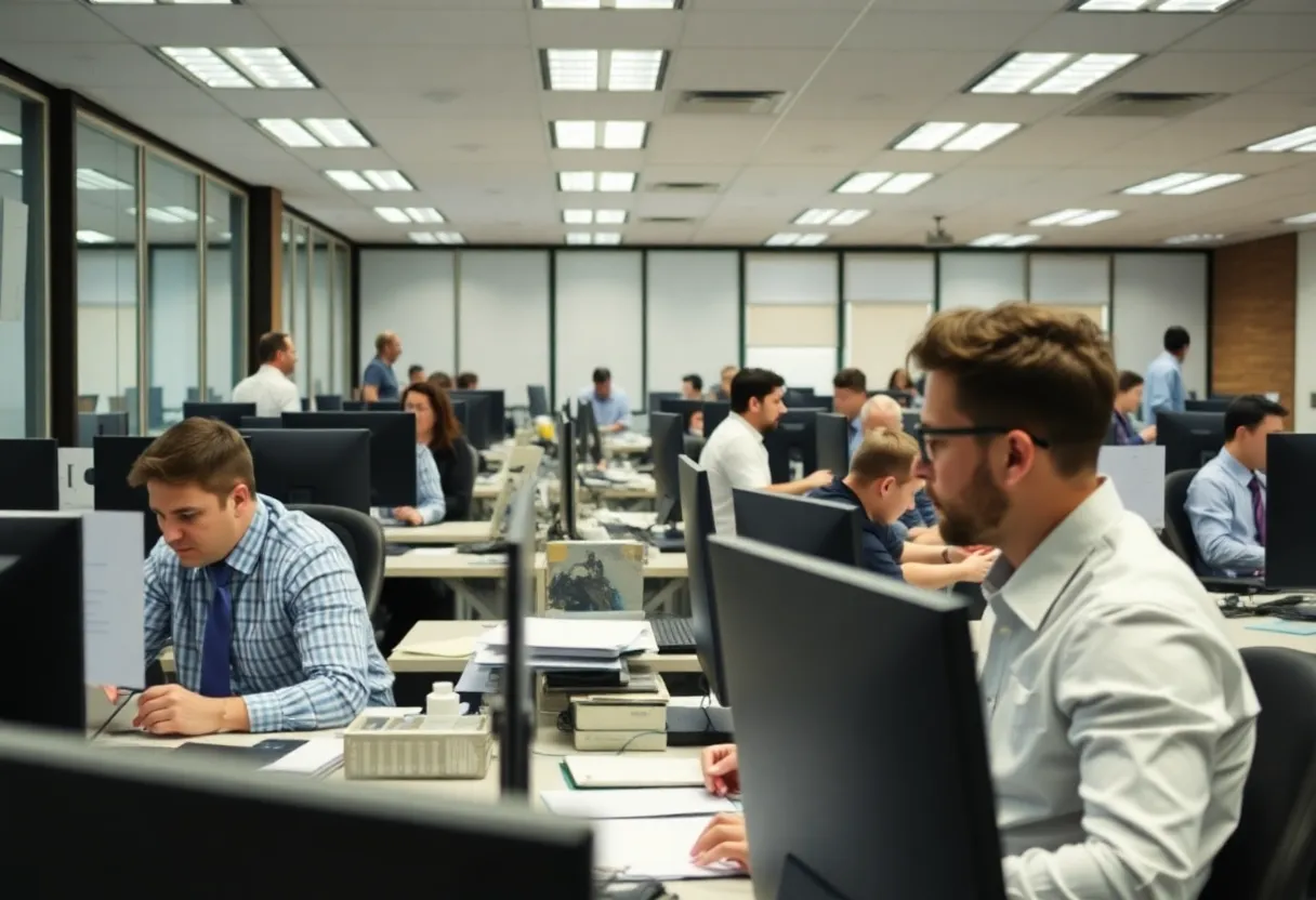 Office environment of Farmers Group with employees at work