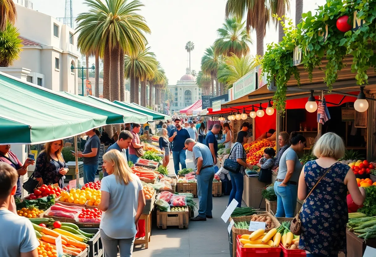 A bustling farmers market scene in Los Angeles with vibrant stalls and families enjoying fresh produce.