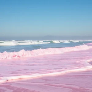 Pink fluorescent waves crashing at Santa Monica Beach with surfers