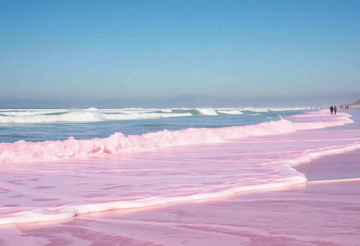Pink fluorescent waves crashing at Santa Monica Beach with surfers