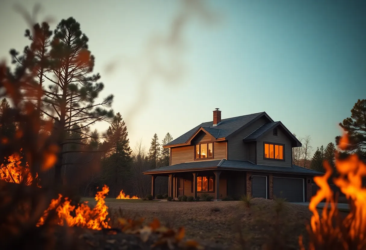 Conceptual image of fireproofed home in wildfire zone