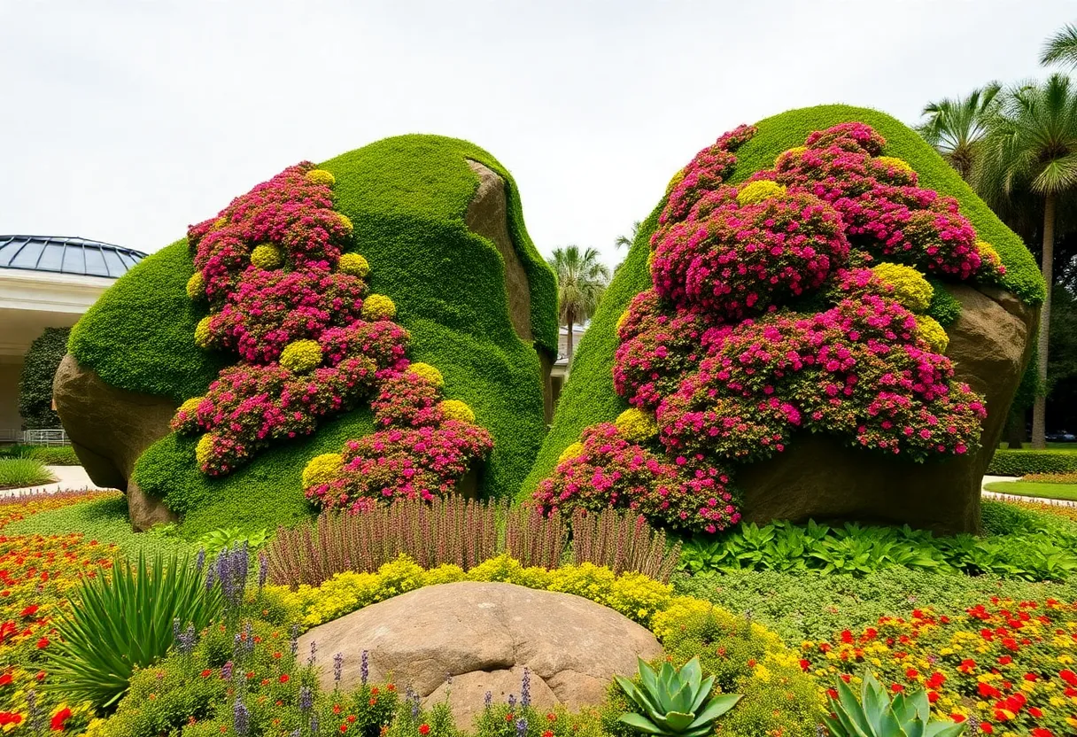 Topiary sculpture 'Split-Rocker' by Jeff Koons at LACMA with colorful plants.