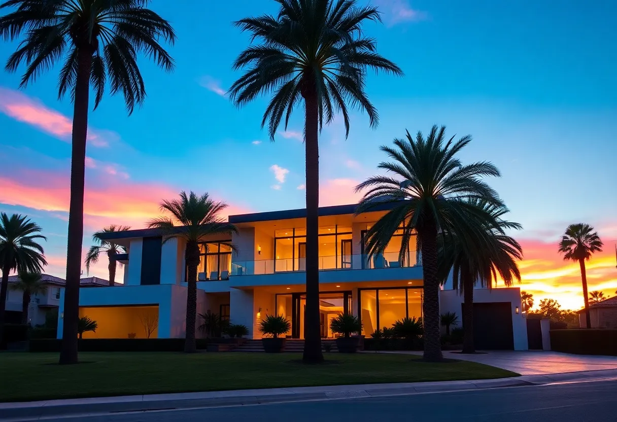 Elegant luxury home in Los Angeles with palm trees