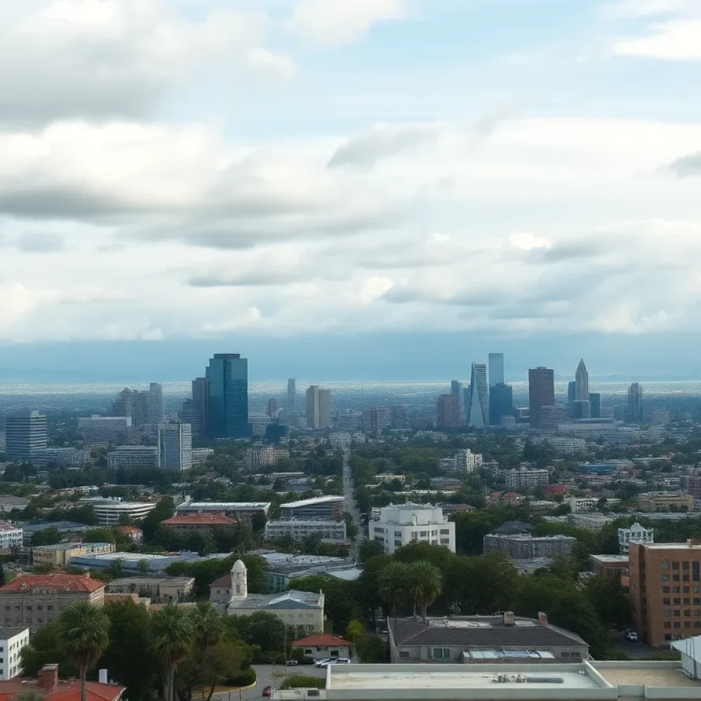 Los Angeles skyline showing a mix of cloudy and sunny weather