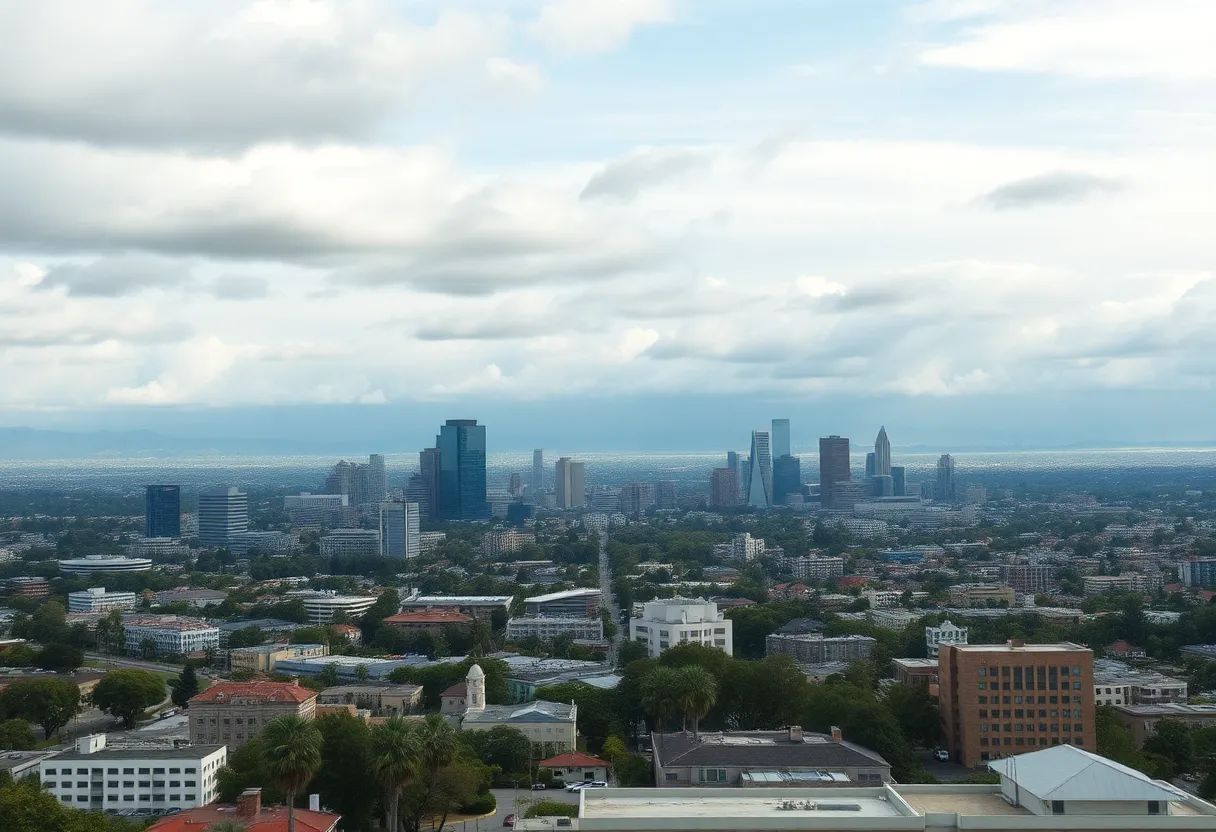 Los Angeles skyline showing a mix of cloudy and sunny weather