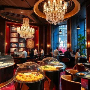 An elegant setup of the Luxury Lounge with guests enjoying culinary delights.