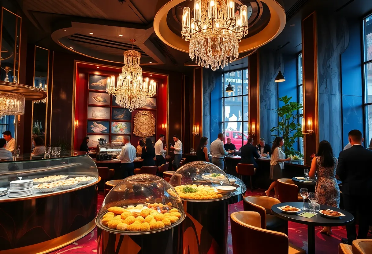An elegant setup of the Luxury Lounge with guests enjoying culinary delights.