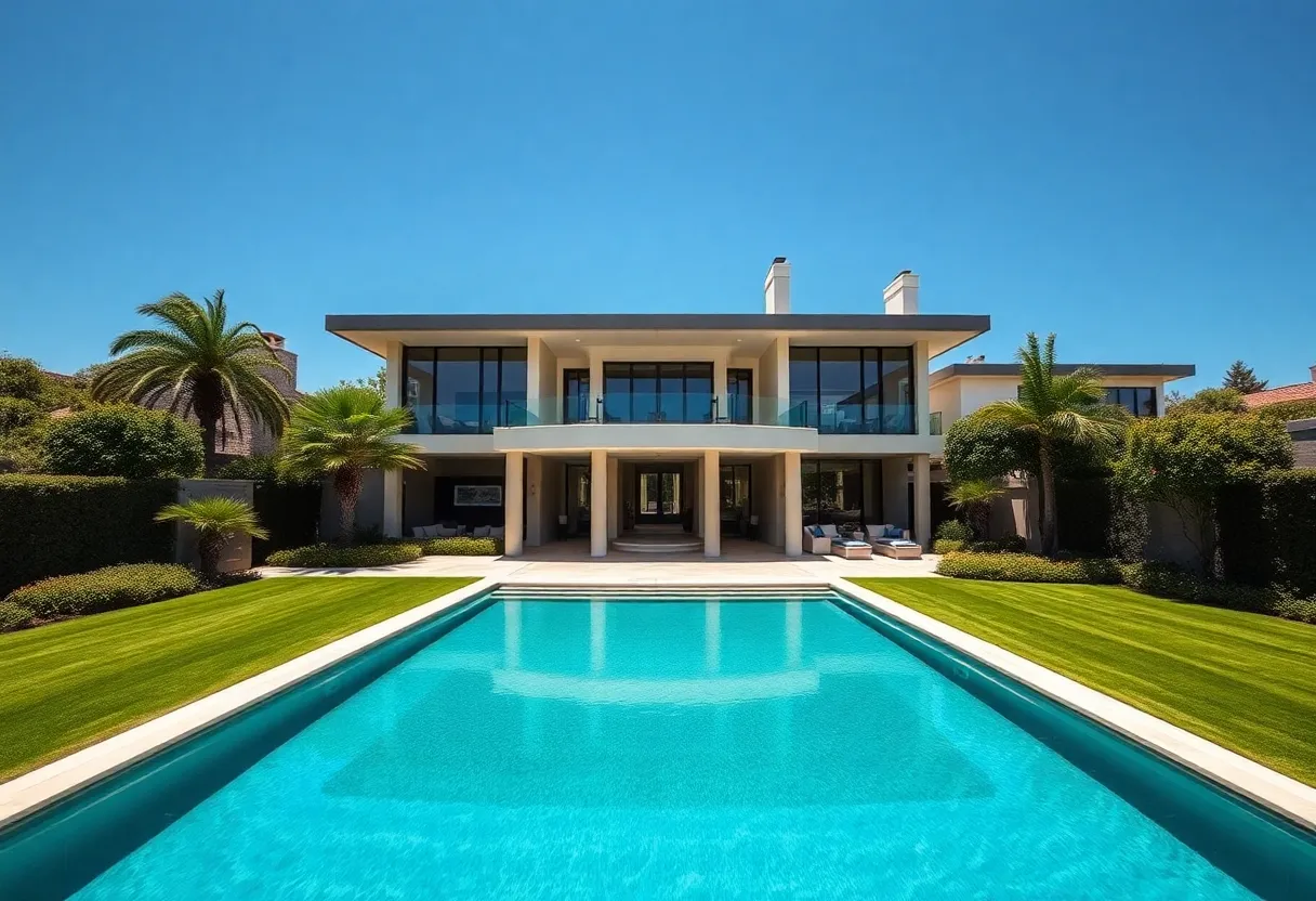Exterior view of a luxurious mansion in Beverly Hills