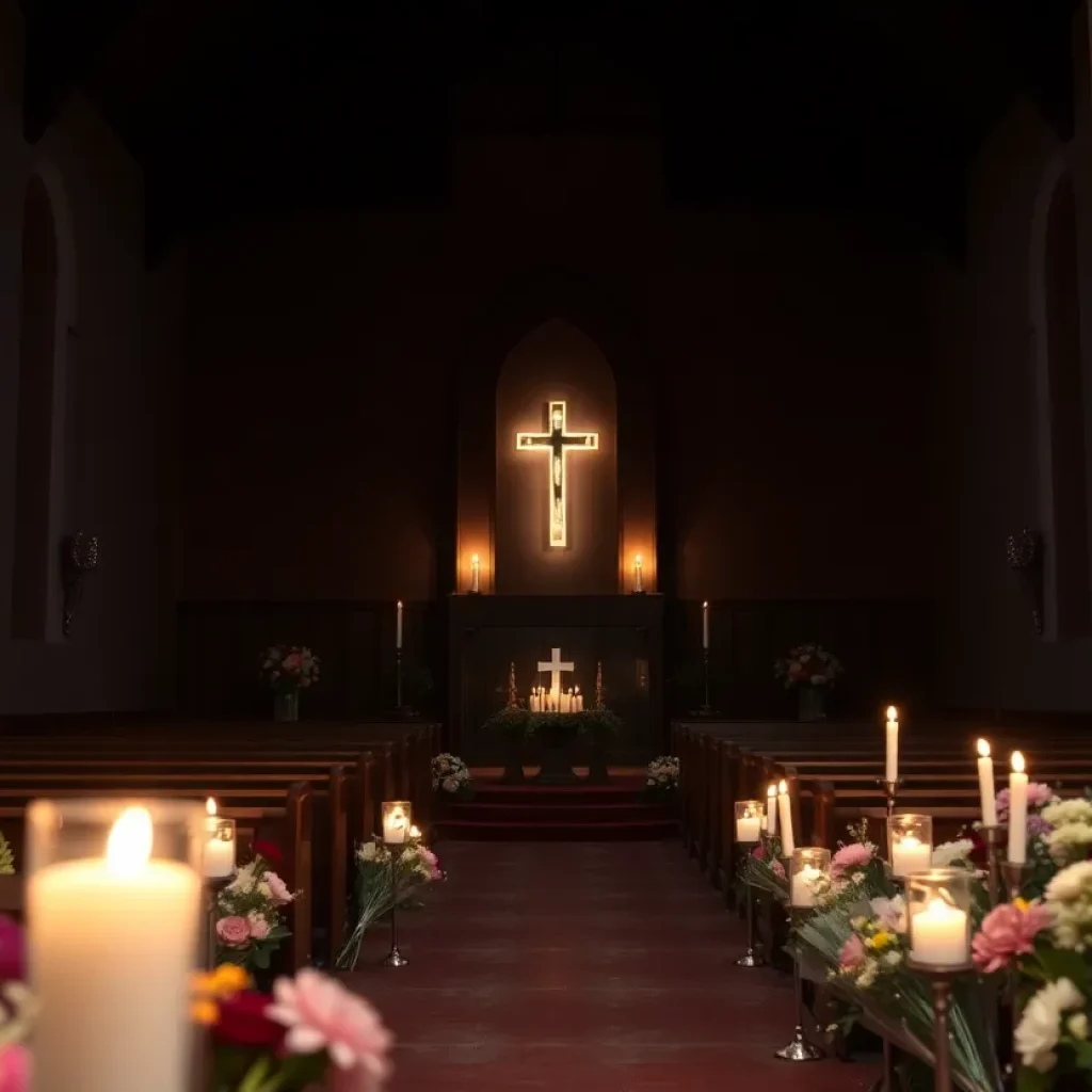 Candlelit memorial for the victims of a mass shooting with flowers and an empty church background.