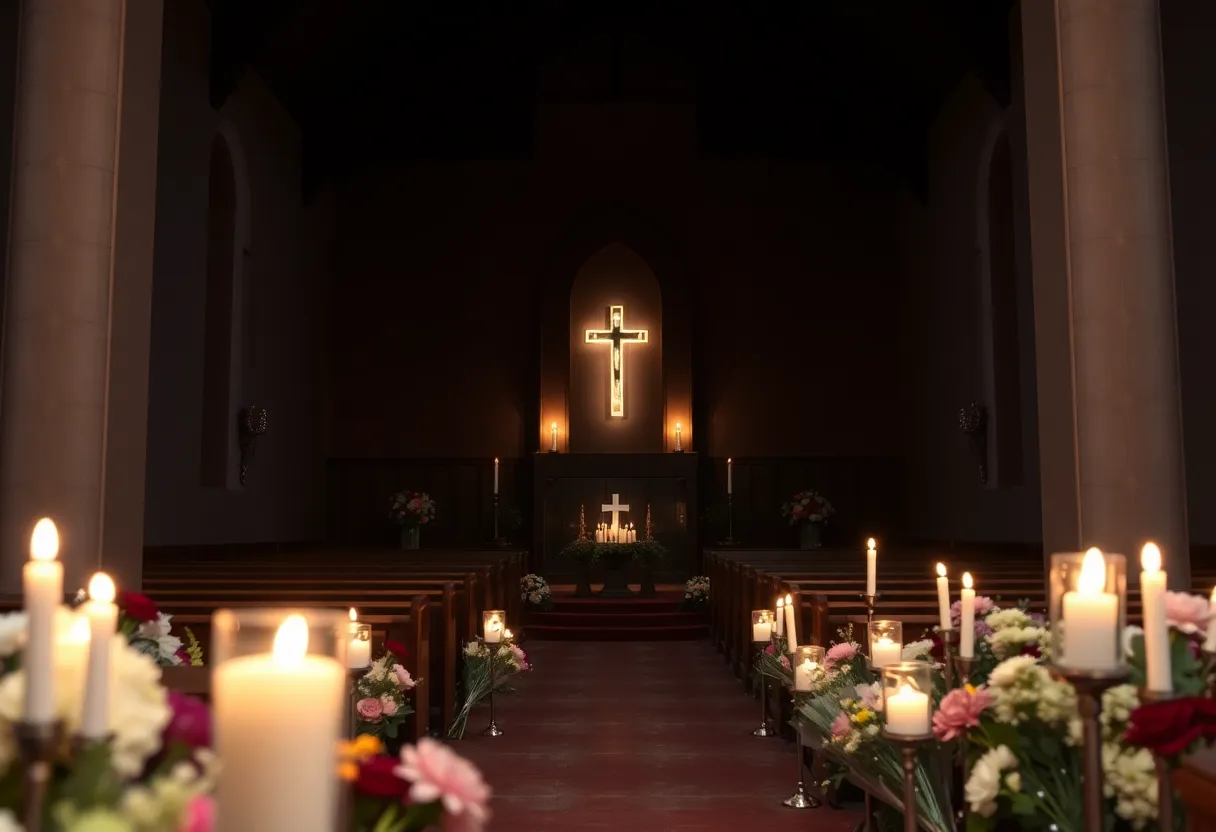 Candlelit memorial for the victims of a mass shooting with flowers and an empty church background.