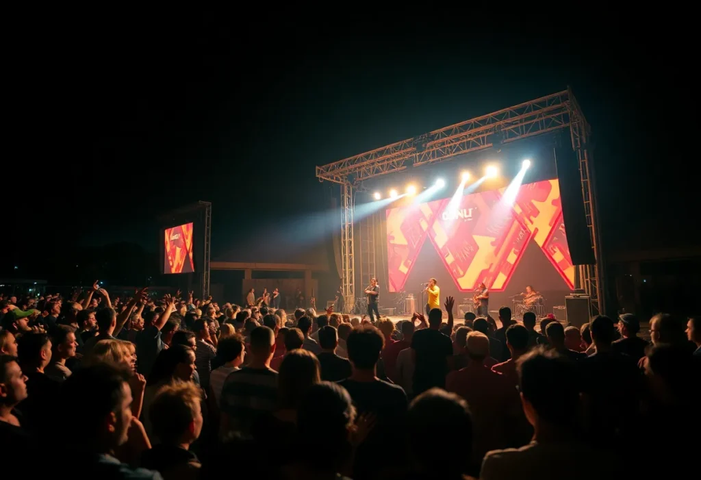 A lively outdoor tribute concert atmosphere with performers on stage.