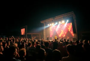 A lively outdoor tribute concert atmosphere with performers on stage.