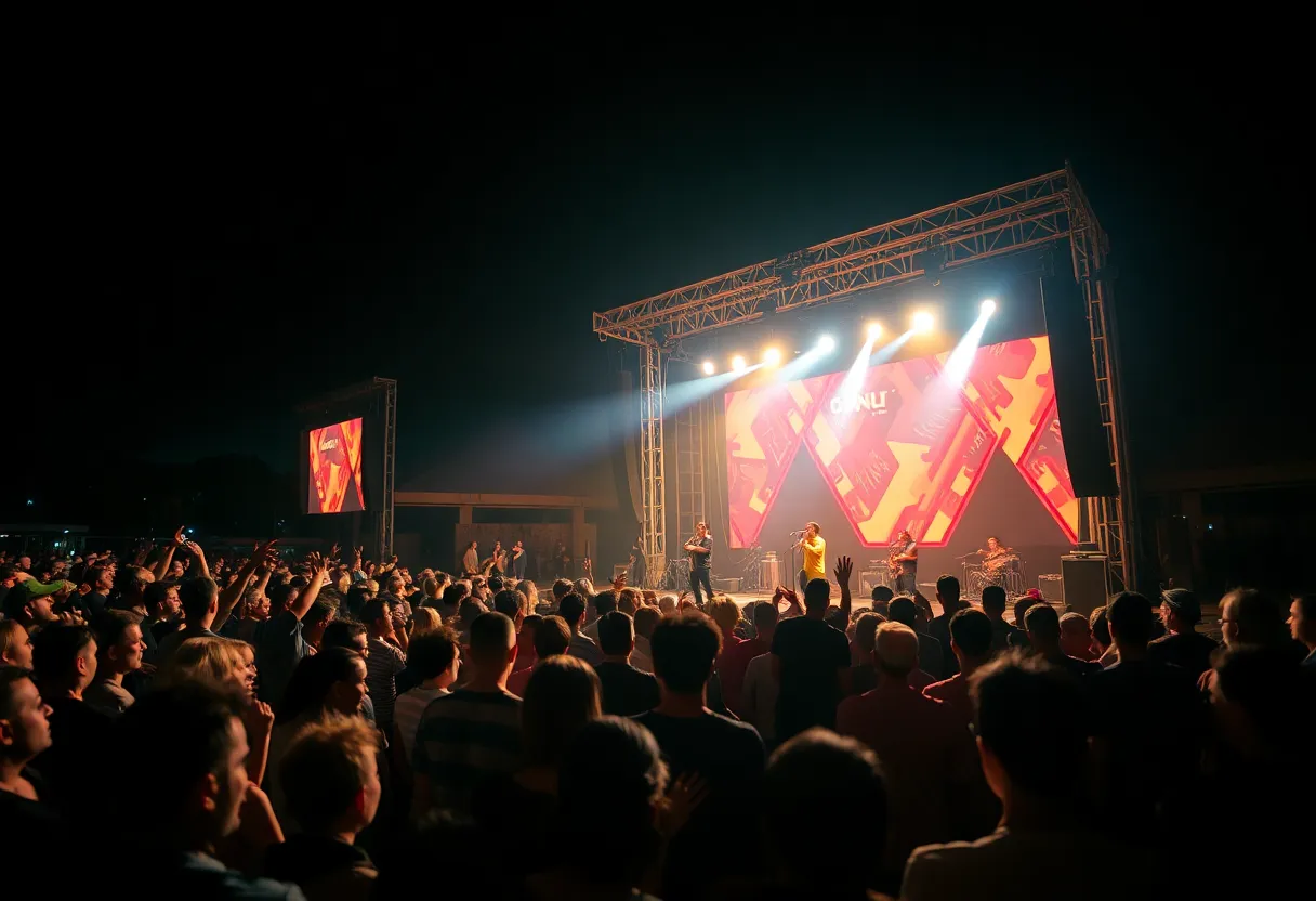 A lively outdoor tribute concert atmosphere with performers on stage.