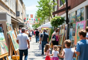 Families enjoying the Montana Avenue Art Walk with artists displaying their work.