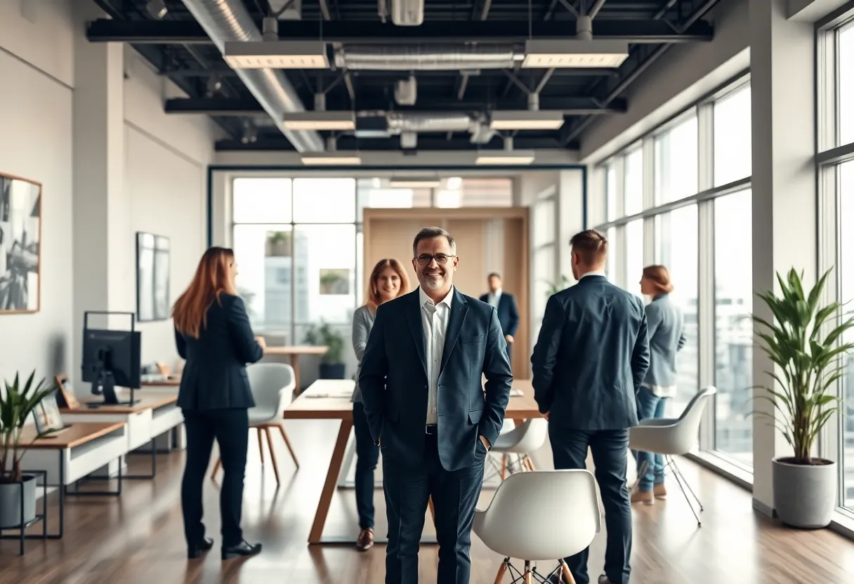 Professional office space depicting a real estate team at work