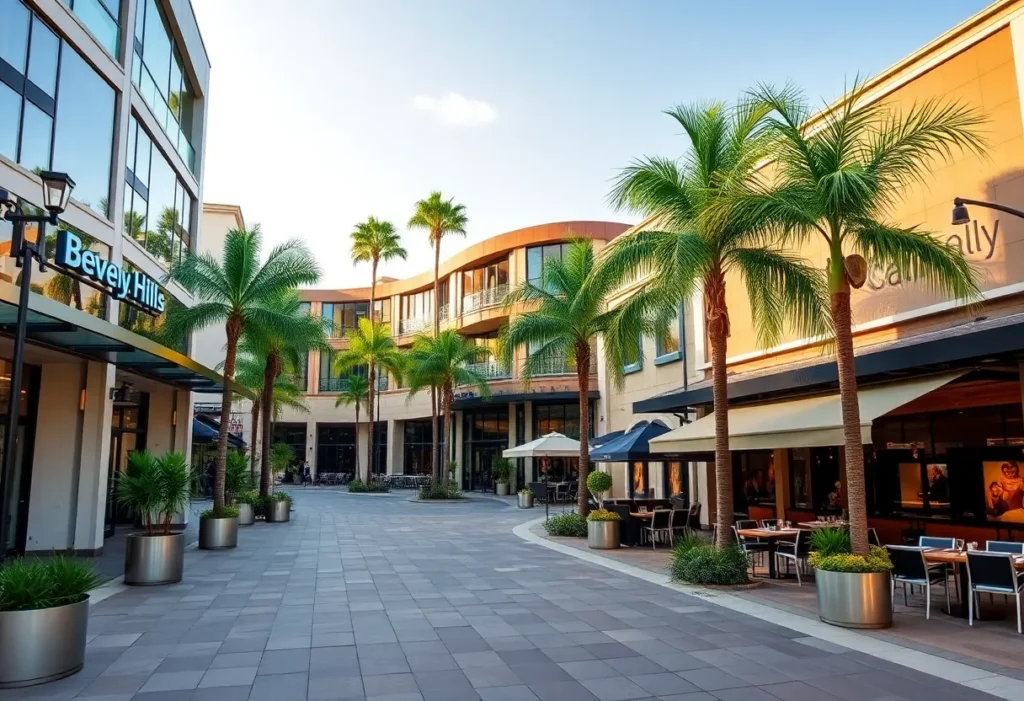 An artist's rendering of One Beverly Hills, showcasing luxurious shopping and dining spaces.