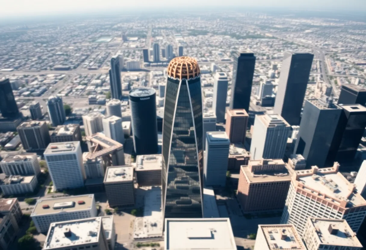 Aerial view of One California Plaza with the downtown LA skyline in the background.