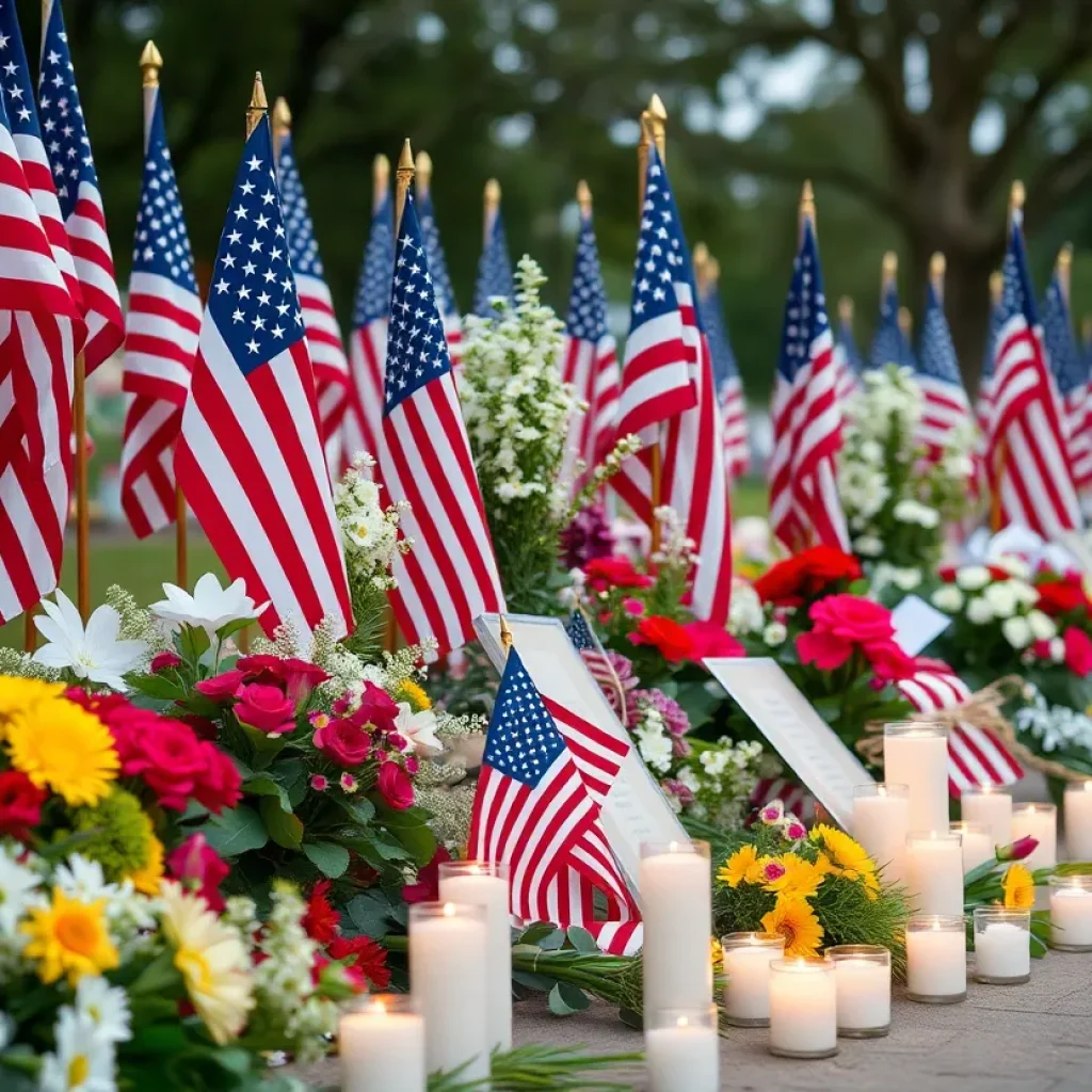 Patriot Day memorial with American flags and flowers