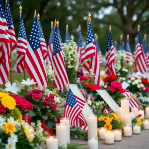 Patriot Day memorial with American flags and flowers