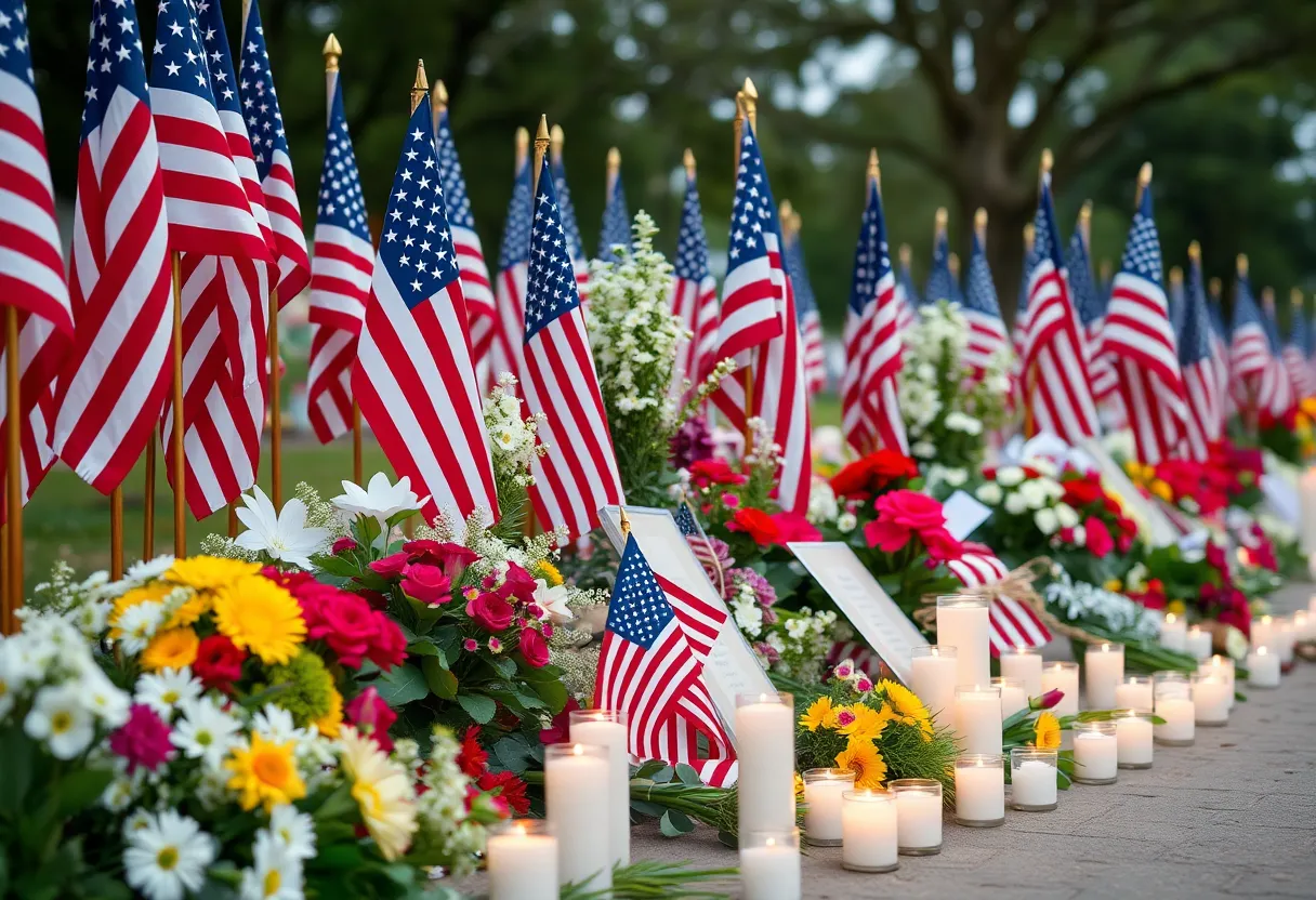Patriot Day memorial with American flags and flowers