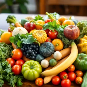 Colorful seasonal fruits and vegetables on a dining table.
