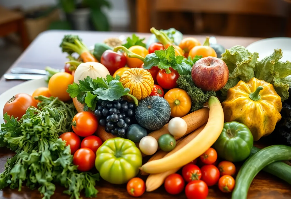 Colorful seasonal fruits and vegetables on a dining table.