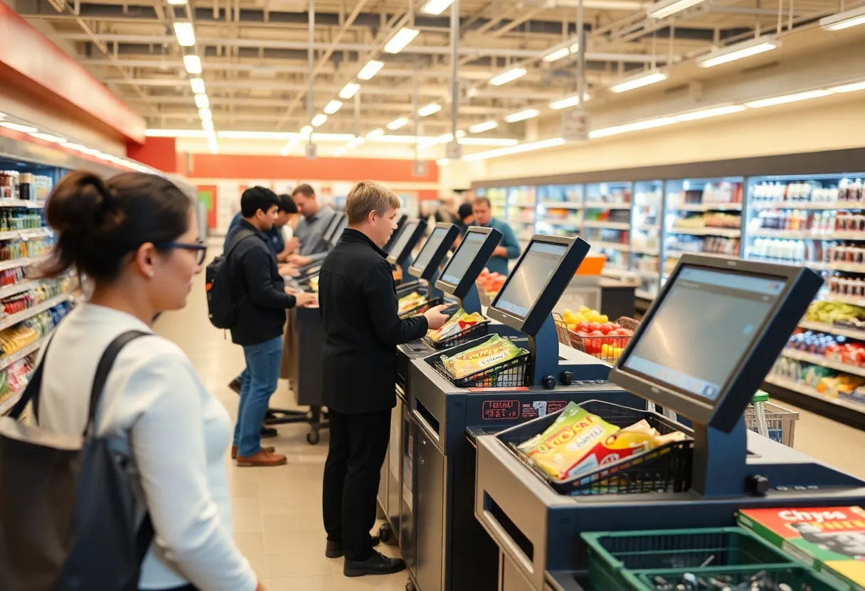 Staff supervising self-checkout stations in a grocery store
