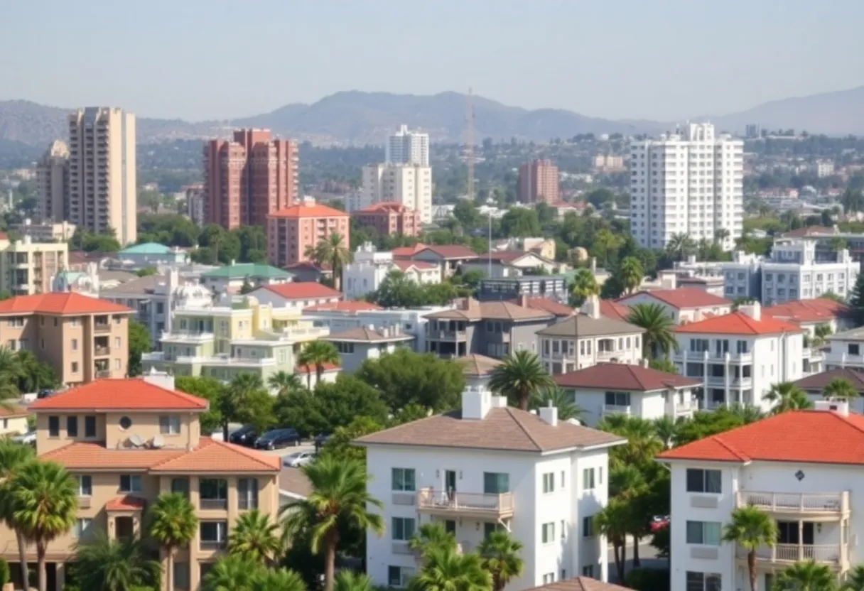 Southern California cityscape showcasing various residential buildings.