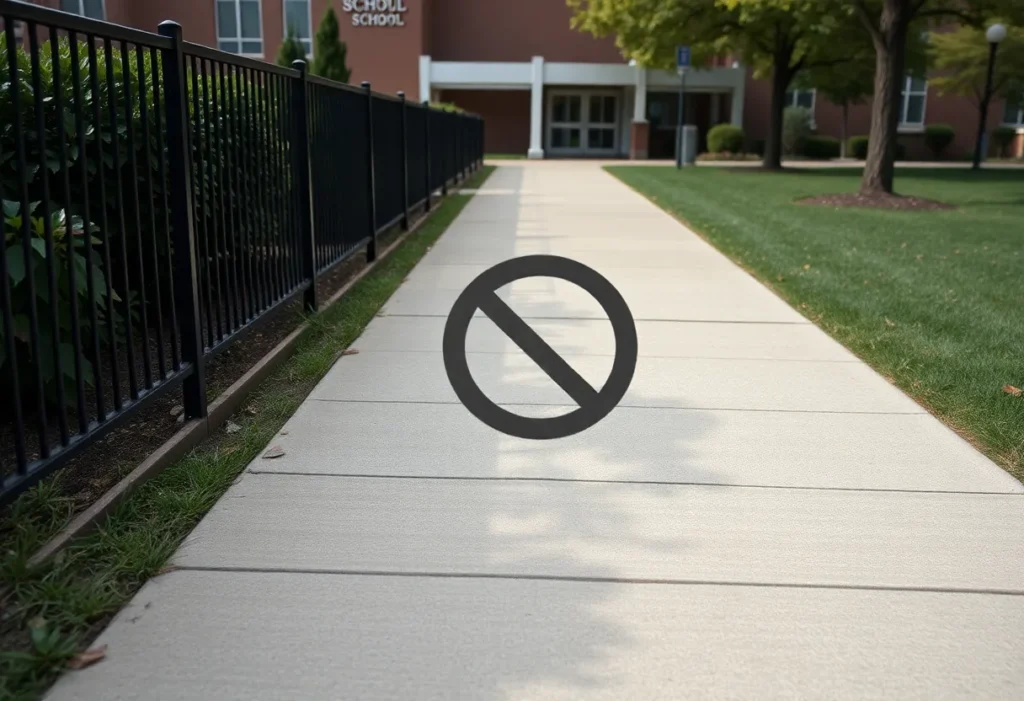 Sidewalk outside El Rodeo Elementary School with erased swastika