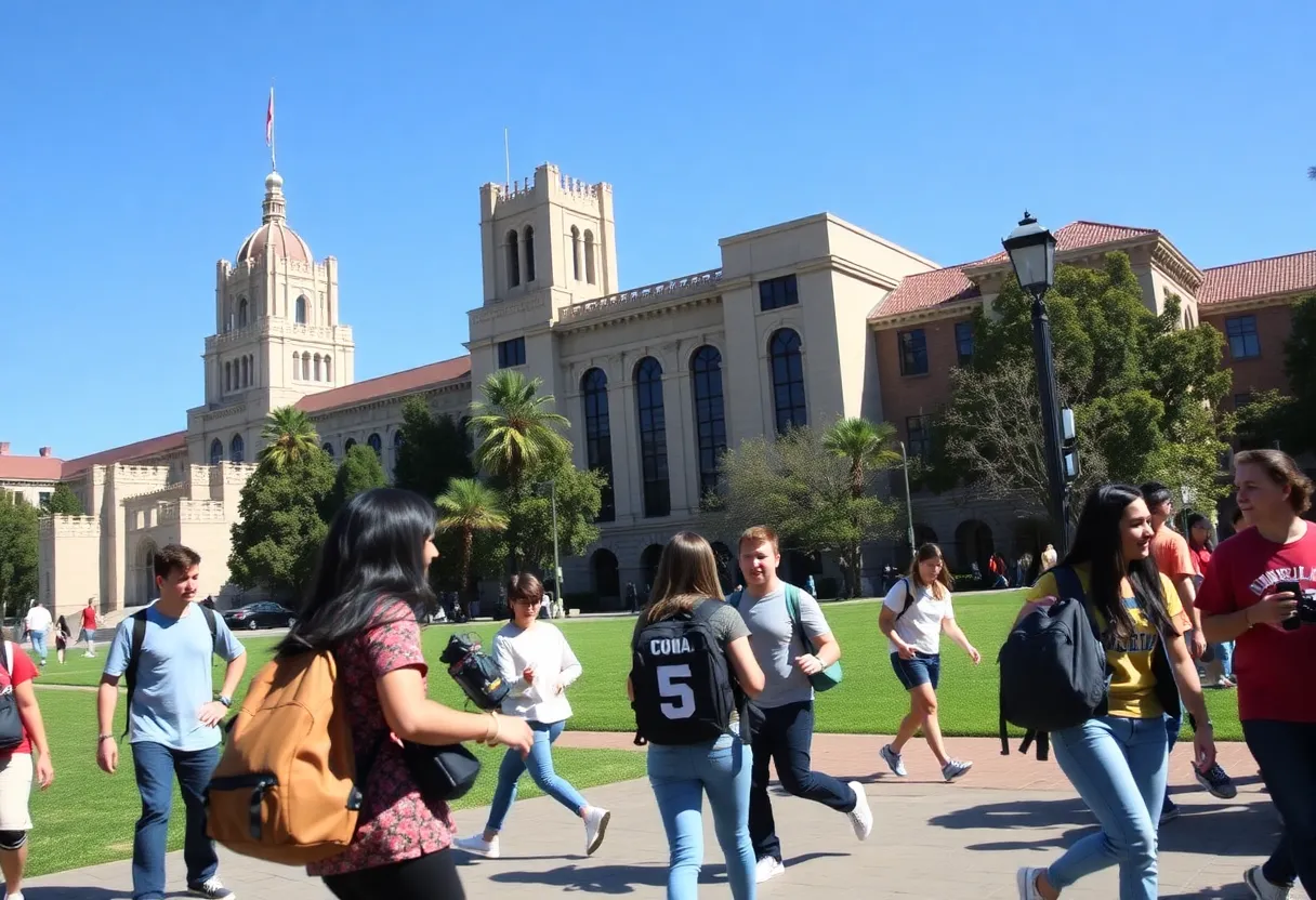 Students enjoying campus life at UCLA with university buildings in view.