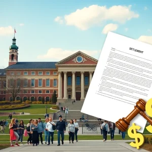 UCLA campus with overlay of legal documents symbolizing settlement negotiations