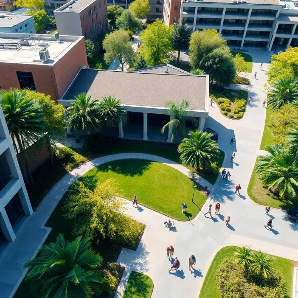 Aerial view of UCLA campus bustling with students and greenery