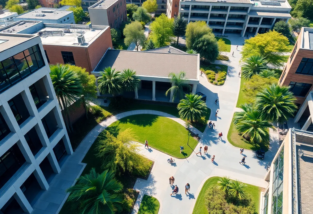 Aerial view of UCLA campus bustling with students and greenery
