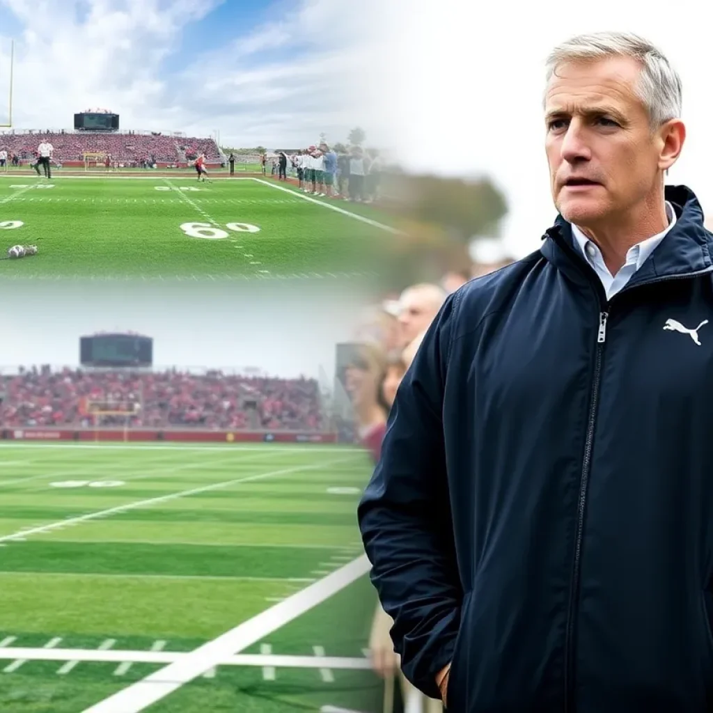 Collage depicting UCLA football challenges with concerned fans and a coach