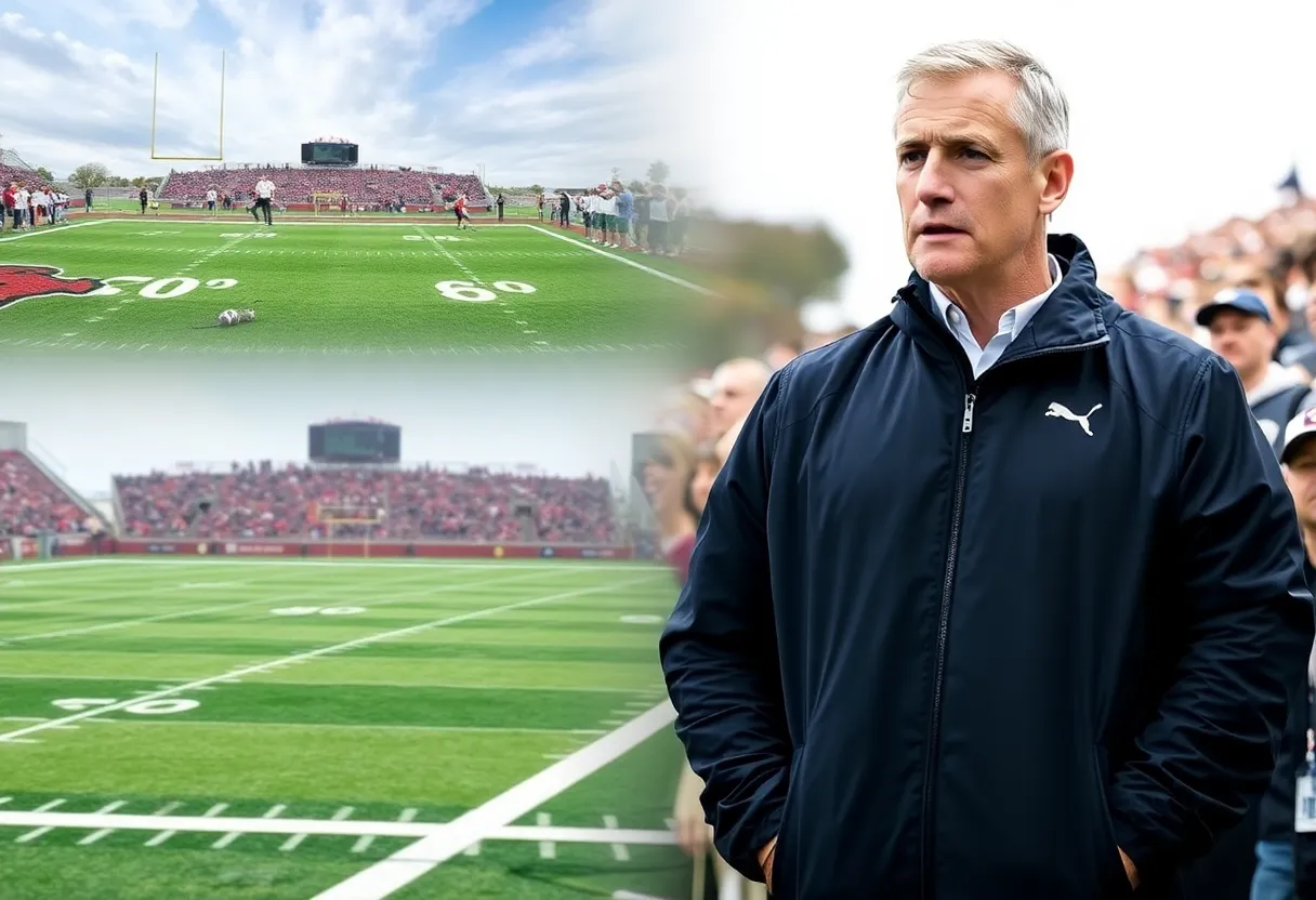 Collage depicting UCLA football challenges with concerned fans and a coach