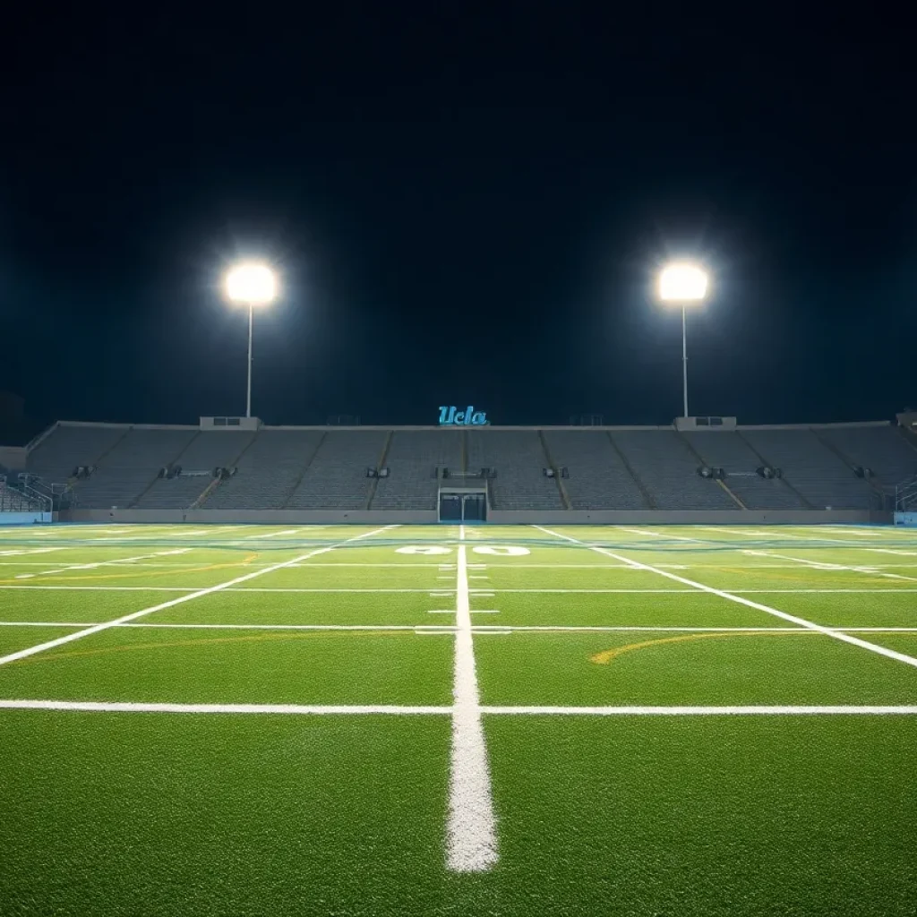 An empty UCLA football field showing a sense of suspension and uncertainty