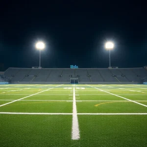 An empty UCLA football field showing a sense of suspension and uncertainty