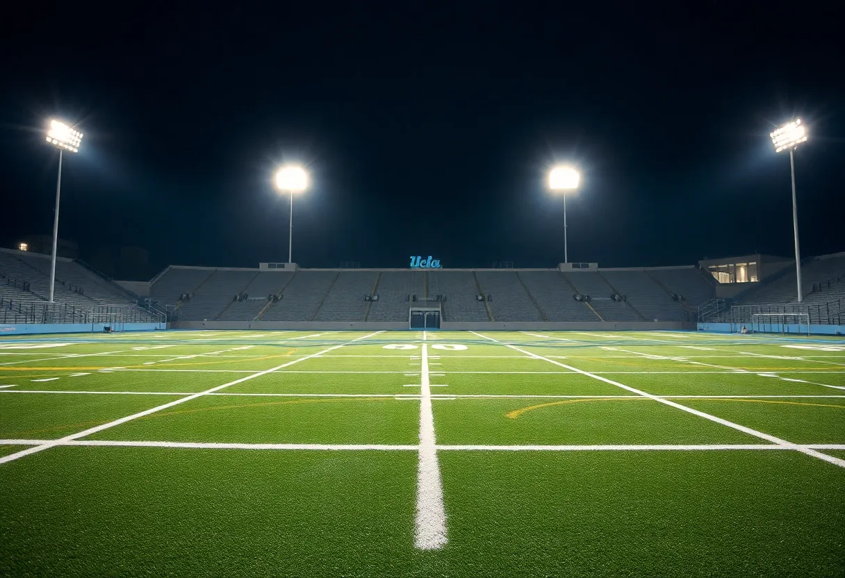 An empty UCLA football field showing a sense of suspension and uncertainty