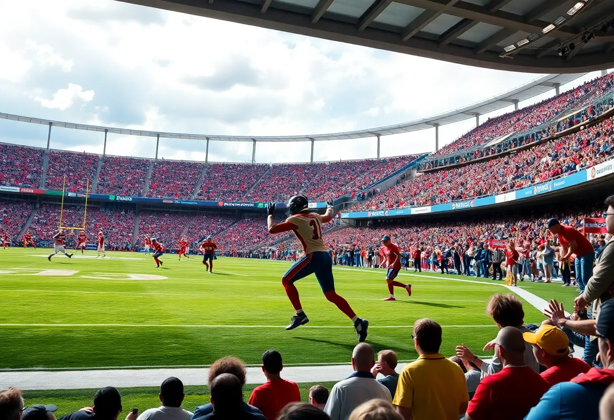 Players in action during a UCLA football game with fans cheering in the background