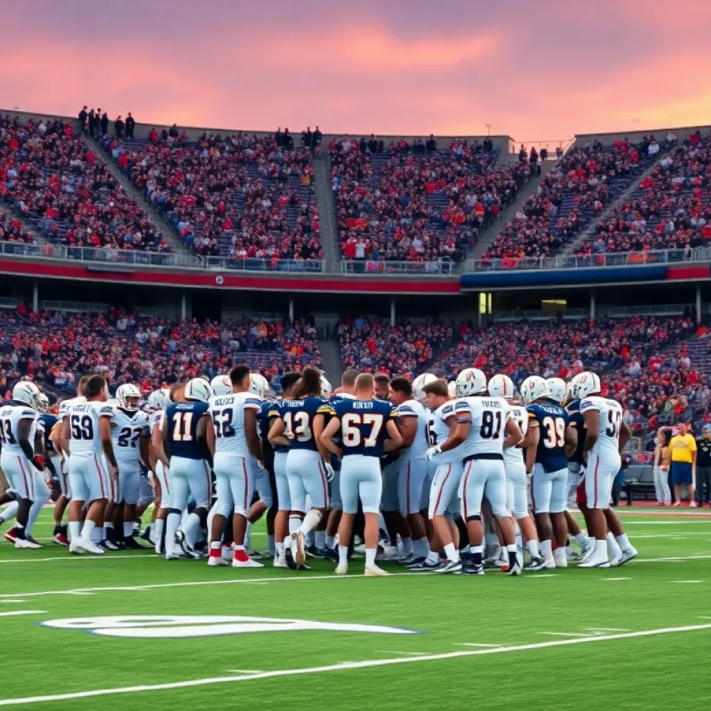 UCLA football team gathered in a huddle on the field with fans in the background