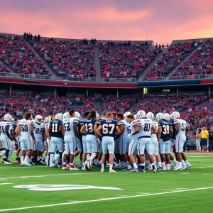 UCLA football team gathered in a huddle on the field with fans in the background