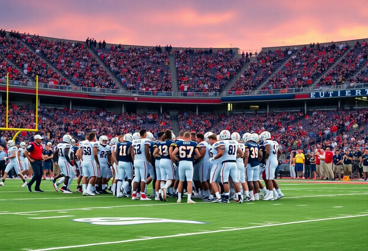 UCLA football team gathered in a huddle on the field with fans in the background