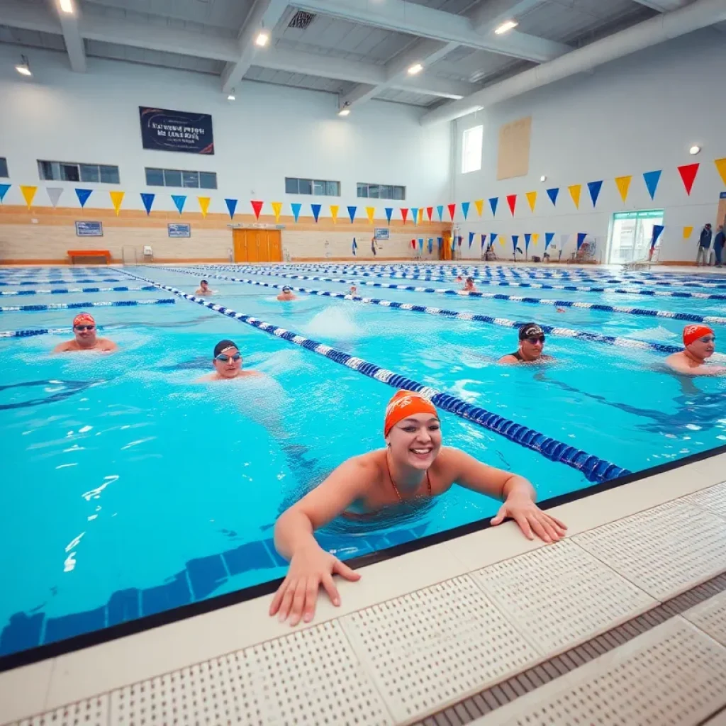UCLA swimming pool with athletes preparing for the competition