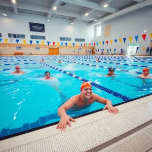 UCLA swimming pool with athletes preparing for the competition